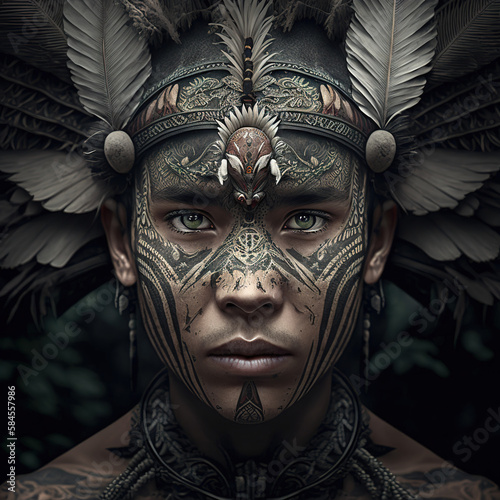 men, staring eyes,, portrait, full face, detailed ornaments, dayak tribe, dayak, borneo, indonesia, indonesian tribe, people, cultural, AI generative