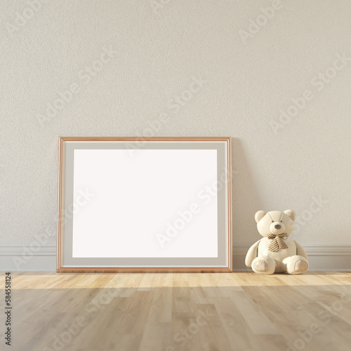 Mock-up frame with teddy bear on the floor