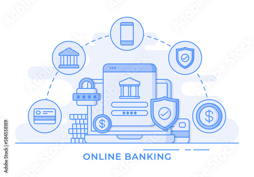 Online banking thin line flat vector illustration infographic, e-banking, mobile banking concept for landing page, web banner, web design, presentation