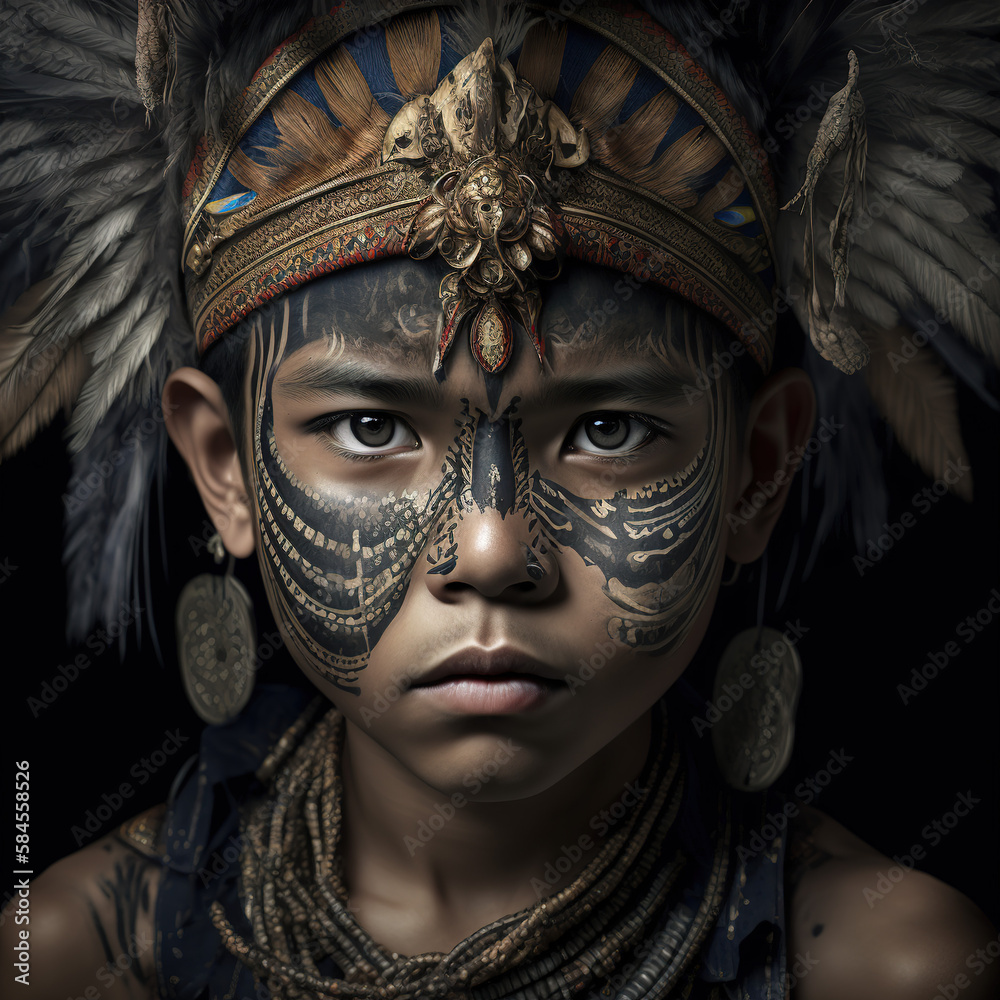 boy, innocent, portrait, full face, detailed ornaments, dayak tribe, dayak, borneo, indonesia, indonesian tribe, cultural, AI generative