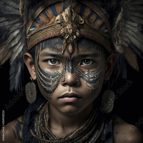 boy, innocent, portrait, full face, detailed ornaments, dayak tribe, dayak, borneo, indonesia, indonesian tribe, cultural, AI generative