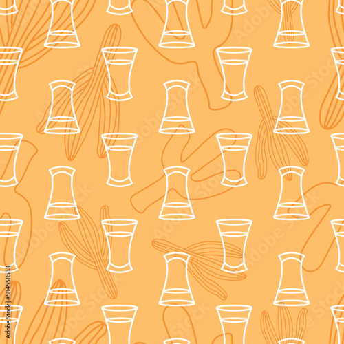 Seamless pattern with doodle tequila shot and cacti. Hand drawn tequila shot with cactus elements in seamless pattern.