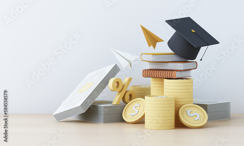 Graduation cost or expensive education or scholarship loan. money with stack of books and cap or hat, idea of tuition budget or college, university learning fee, profit or earnings. 3d rendering