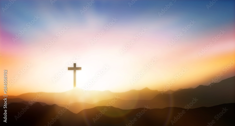 black silhouette, crucifix cross, mountain sunset sky background, religion faith 