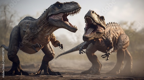 Tyrannosaurus Dinosaurier kämpfen im Urwald, ai generativ © www.freund-foto.de