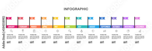Infographic 12 months horizontal with colorful flag. Vector illustration.