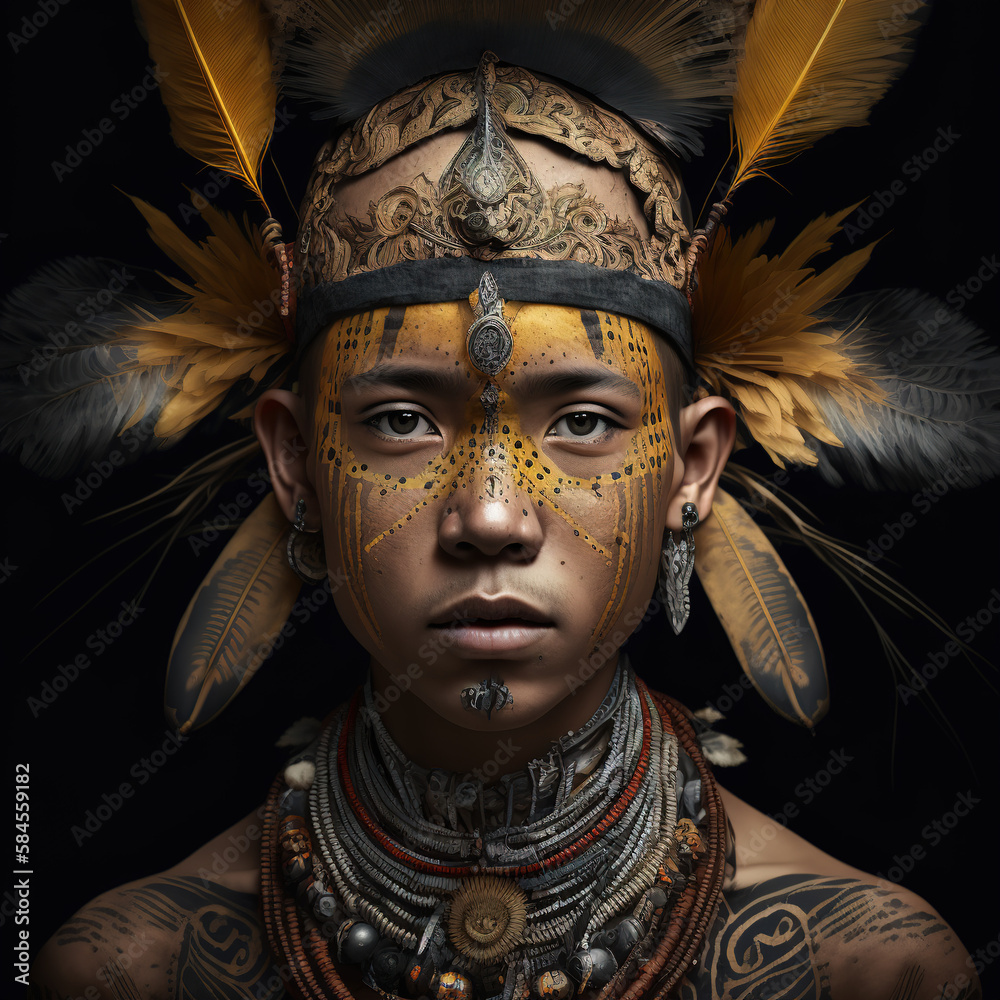 boy, innocent, portrait, full face, detailed ornaments, dayak tribe ...