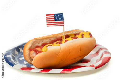 Принти на полотні Hot dog with ketchup and mustard  and American flag for 4th of July