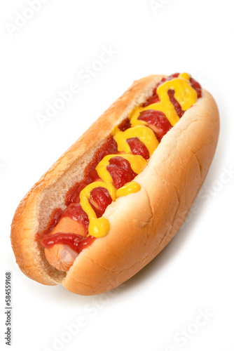 Hot dog with ketchup and mustard on white background
