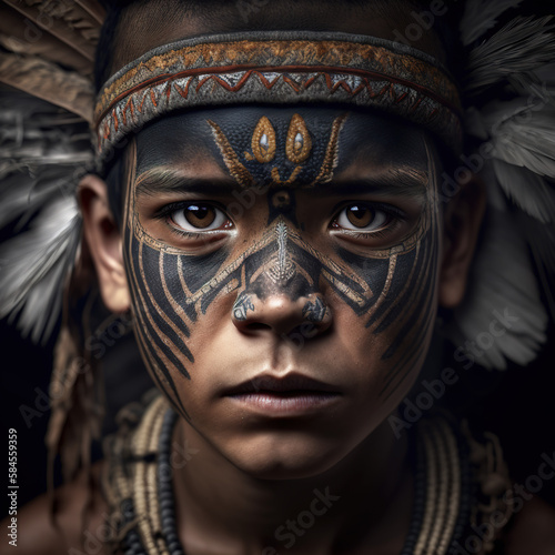 boy, innocent, portrait, full face, detailed ornaments, dayak tribe, dayak, borneo, indonesia, indonesian tribe, cultural, AI generative