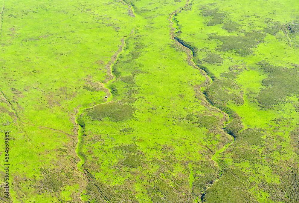 Aerial View of Green Plain with Lava Stream Tracks