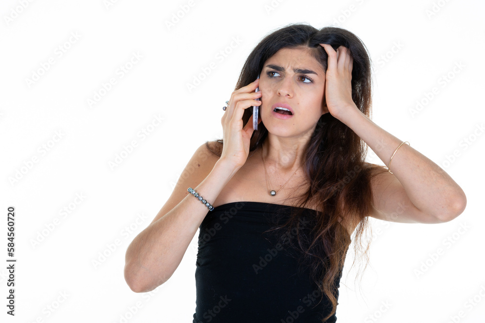 brunette sad frustrated woman talking on cell phone bad news brunette sad frustrated woman talking on cell phone bad news