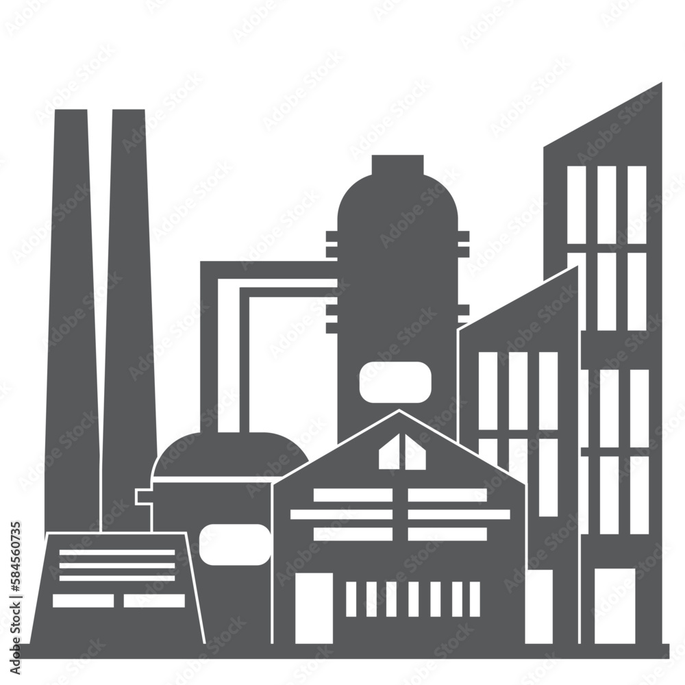 Factory black simple icon. Industrial building on white background. Vector illustration.
