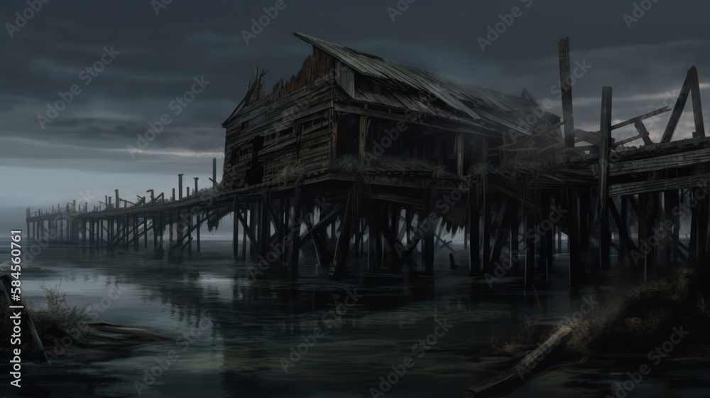 Creepy and Spooky Abandoned Pier, Waterfront Background, Concept Art, Digital Illustration, Generative AI Creepy and Spooky Abandoned Pier, Waterfront Background, Concept Art, Digital Illustration, Generative AI