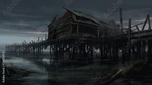 Wallpaper Mural Creepy and Spooky Abandoned Pier, Waterfront Background, Concept Art, Digital Illustration, Generative AI Torontodigital.ca