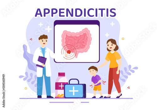 Appendicitis Illustration with Kids Inflammation of the Appendix and Stomach Treatment in Healthcare Cartoon Hand Drawn for Landing Page Templates
