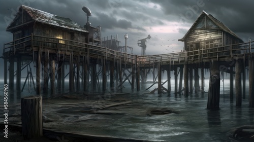 Creepy and Spooky Abandoned Pier, Waterfront Background, Concept Art, Digital Illustration, Generative AI