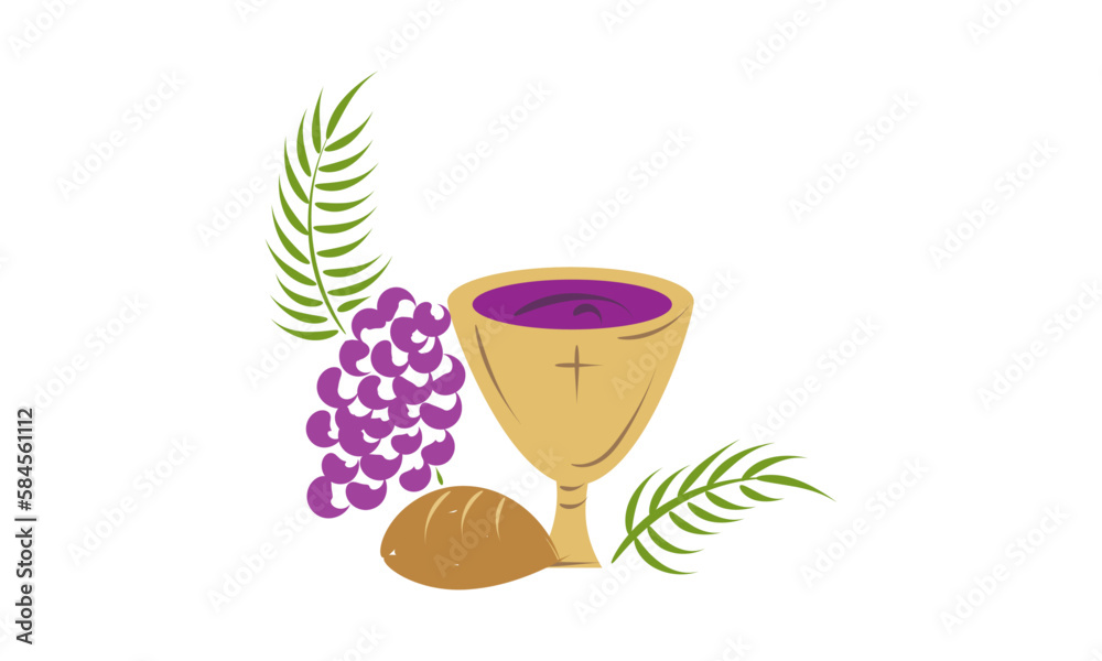 Holy Week. Christian Easter icon symbols. palm branch, cross of Jesus