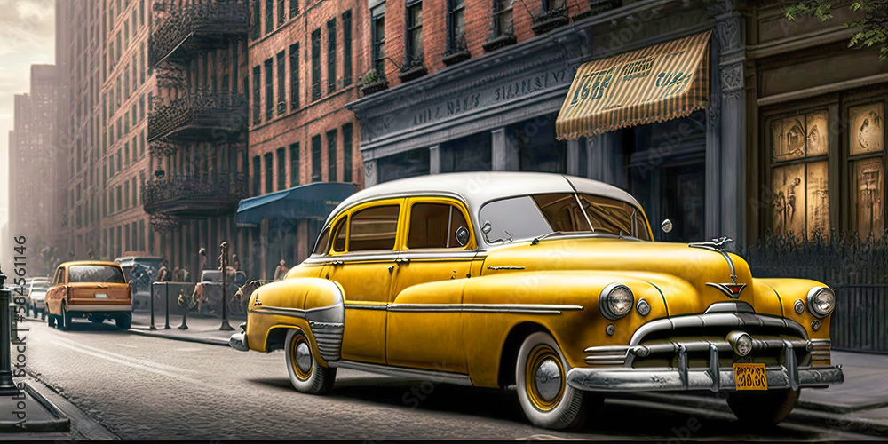 A colorful photograph of a busy street in 1950s New York, with multiple yellow taxis - Generative AI