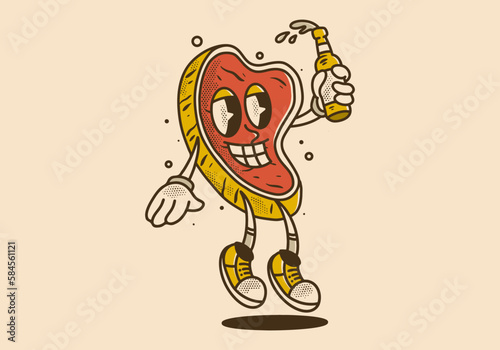 Mascot character of meat holding a beer bottle with happy face