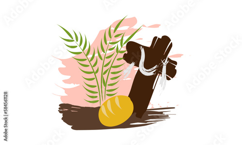 Holy Week. Christian Easter icon symbols. palm branch, cross of Jesus Christ, crown of thorns, bowl and bread, crucified palms. vector illustration
