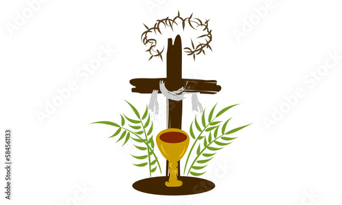 Holy Week. Christian Easter icon symbols. palm branch, cross of Jesus Christ, crown of thorns, bowl and bread, crucified palms. vector illustration
