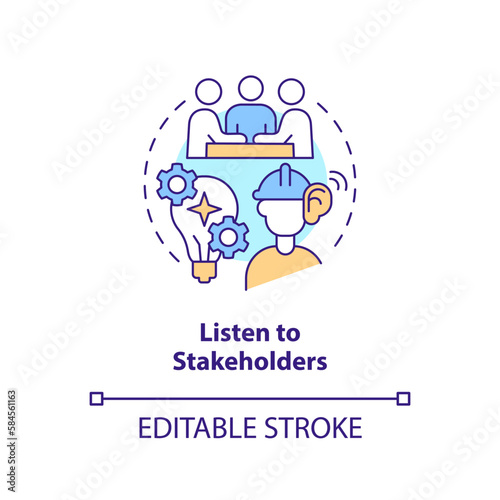 Listen to stakeholders concept icon. Supply chain. Disruption action plan abstract idea thin line illustration. Isolated outline drawing. Editable stroke. Arial, Myriad Pro-Bold fonts used