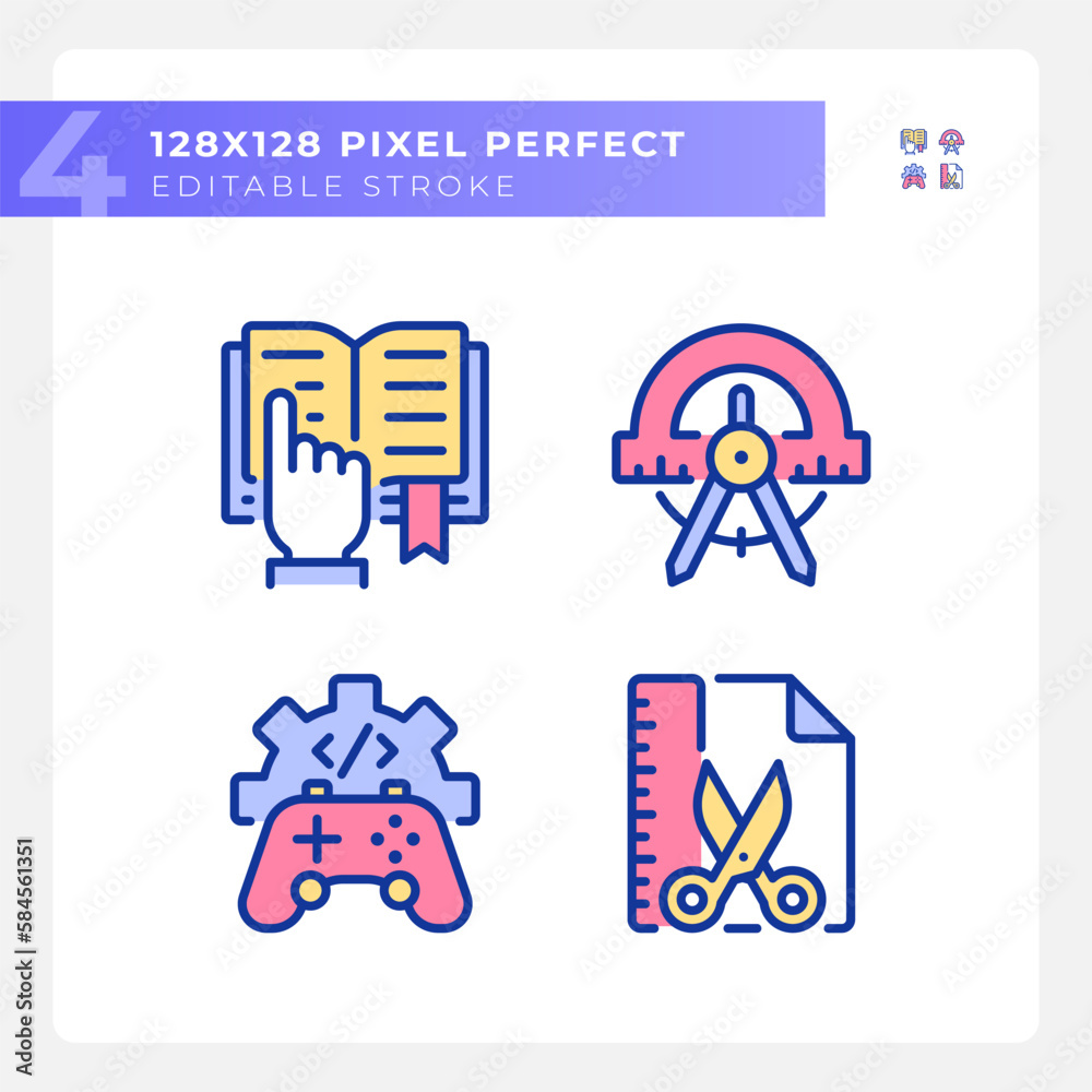 STEM related subjects pixel perfect RGB color icons set. Alternative techniques of learning. Education progress. Isolated vector illustrations. Simple filled line drawings collection. Editable stroke STEM related subjects pixel perfect RGB color icons set. Alternative techniques of learning. Education progress. Isolated vector illustrations. Simple filled line drawings collection. Editable stroke