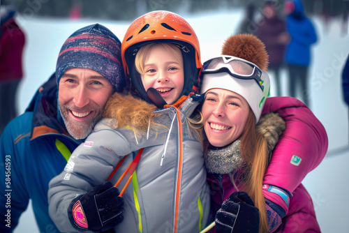 A happy young girl with her parents after winning a ski competition - Generative AI
