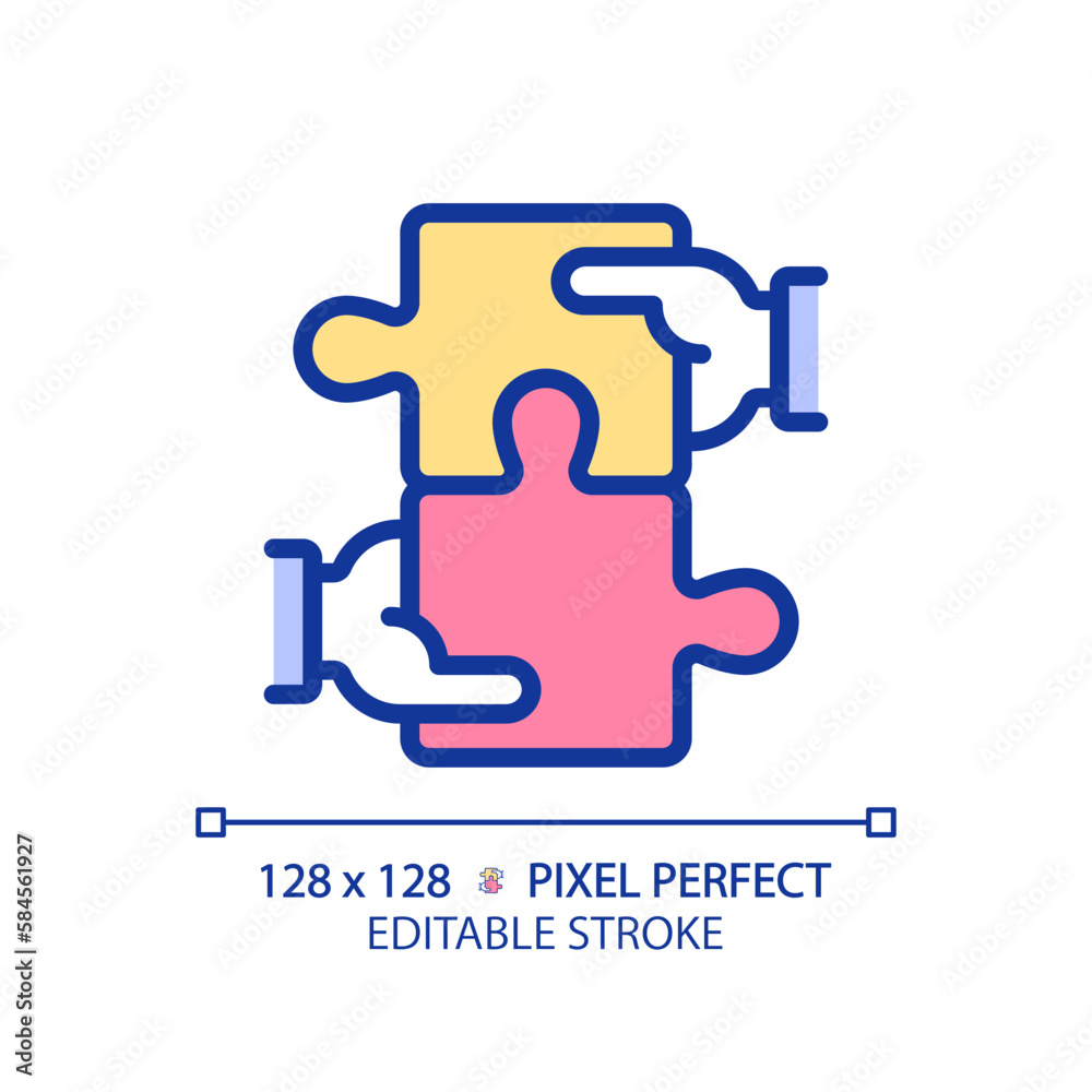 Collaboration for STEM pixel perfect RGB color icon. Students teamwork over project. Innovative education technology. Isolated vector illustration. Simple filled line drawing. Editable stroke