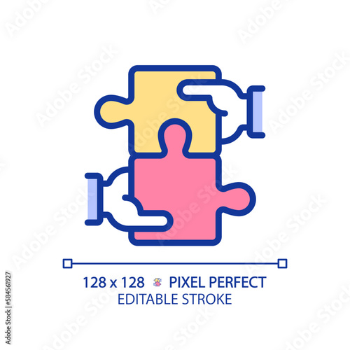 Collaboration for STEM pixel perfect RGB color icon. Students teamwork over project. Innovative education technology. Isolated vector illustration. Simple filled line drawing. Editable stroke