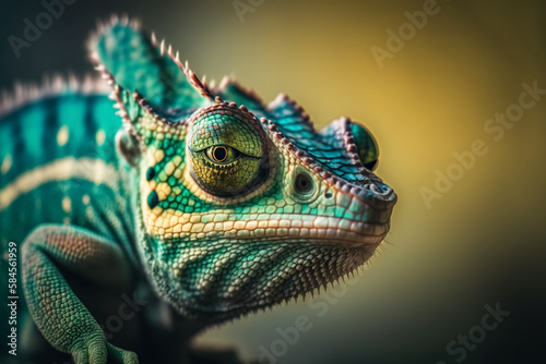 Green colored chameleon close up