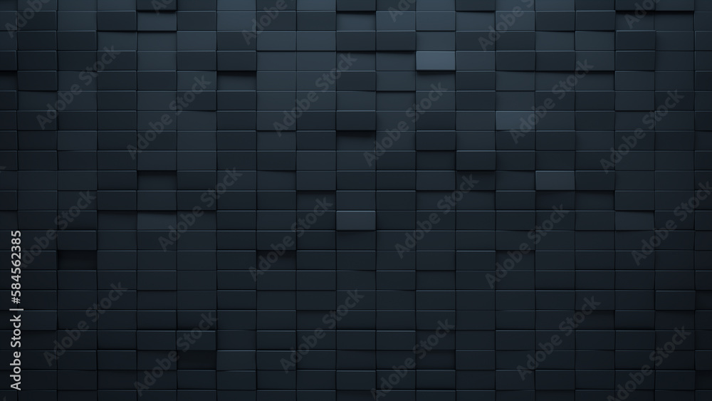 3D Tiles arranged to create a Polished wall. Futuristic, Black Background formed from Rectangular blocks. 3D Render