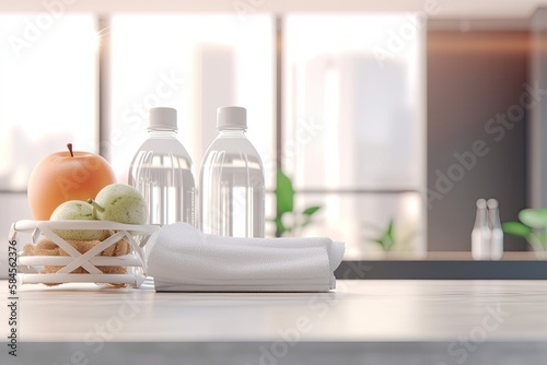 A close-up mockup of a montage of your produce display on a white table with a water bottle. towel and apple on the blurred background