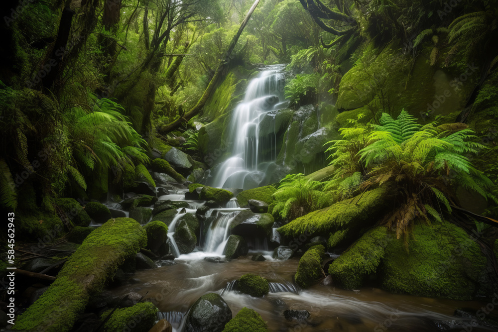 Majestic waterfall in a lush green forest with mossy rocks. Generative AI.