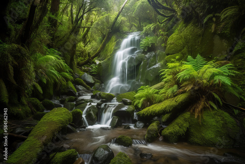 Majestic waterfall in a lush green forest with mossy rocks. Generative AI. © crafty_badger
