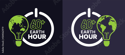 60 minutes plus, Earth hour text in circle shutdown sign and green light bulb lamp with map world texture 2 style on dark blue background vector design