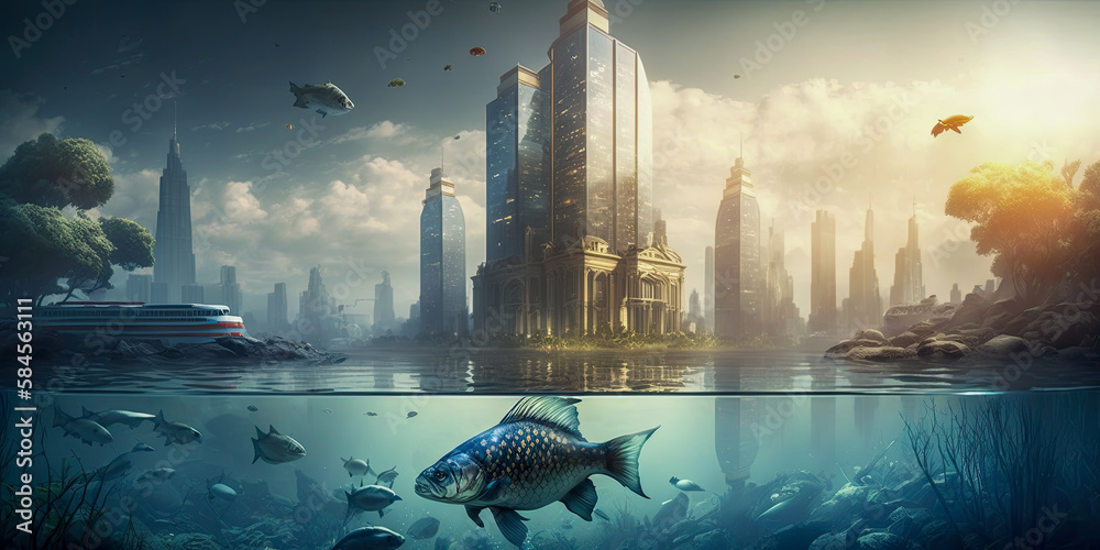 An aquarium as a giant skyscraper in a modern city - Generative AI