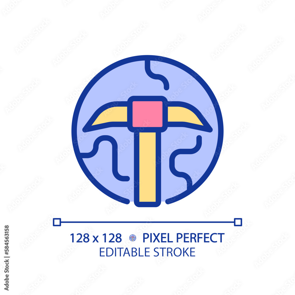 STEM in geology pixel perfect RGB color icon. Mineral deposits searching. Ore extraction technology. Education course. Isolated vector illustration. Simple filled line drawing. Editable stroke STEM in geology pixel perfect RGB color icon. Mineral deposits searching. Ore extraction technology. Education course. Isolated vector illustration. Simple filled line drawing. Editable stroke