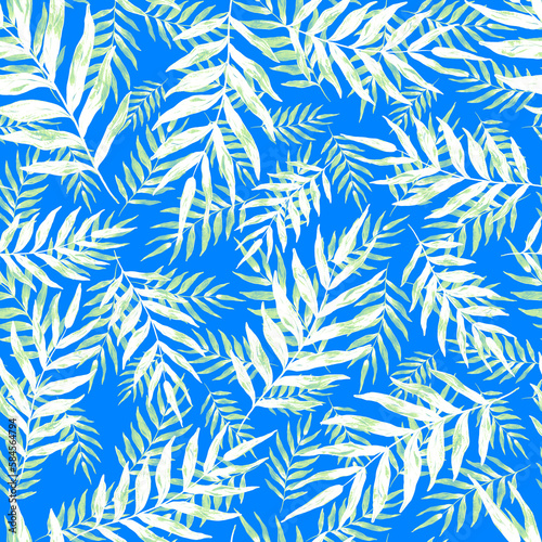 Watercolor seamless pattern with palm leaves. Beautiful allover tropical print with hand drawn exotic plants. Swimwear botanical design. 