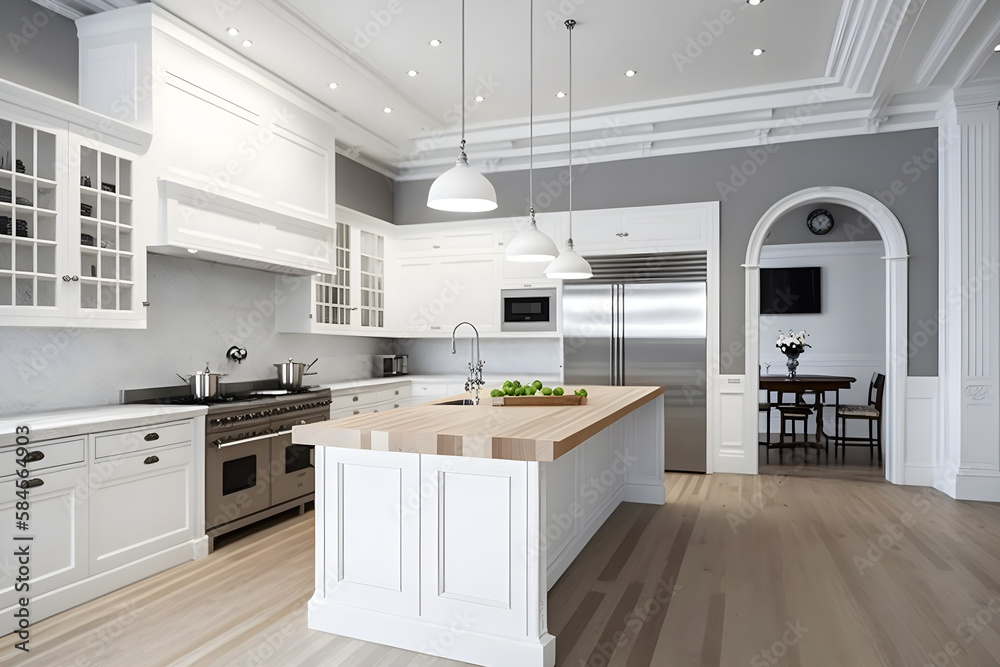 Amazing Luxury Kitchen Interior in white with wooden floor and kitchen island Amazing Luxury Kitchen Interior in white with wooden floor and kitchen island