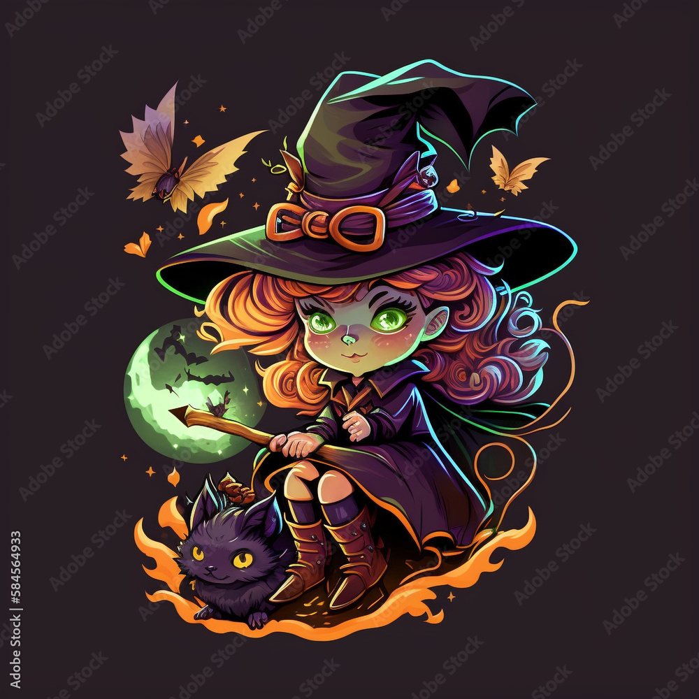 Halloween witch with a cat, halloween character, T-shirt design.