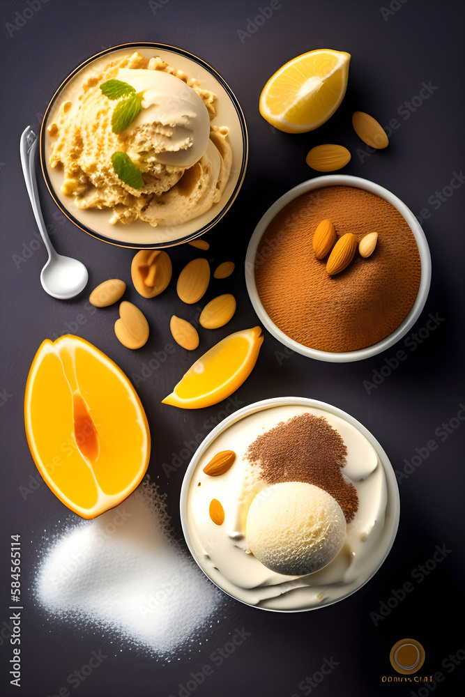 Delicious Ice cream in bowls with almonds and nuts Delicious Ice cream in bowls with almonds and nuts
