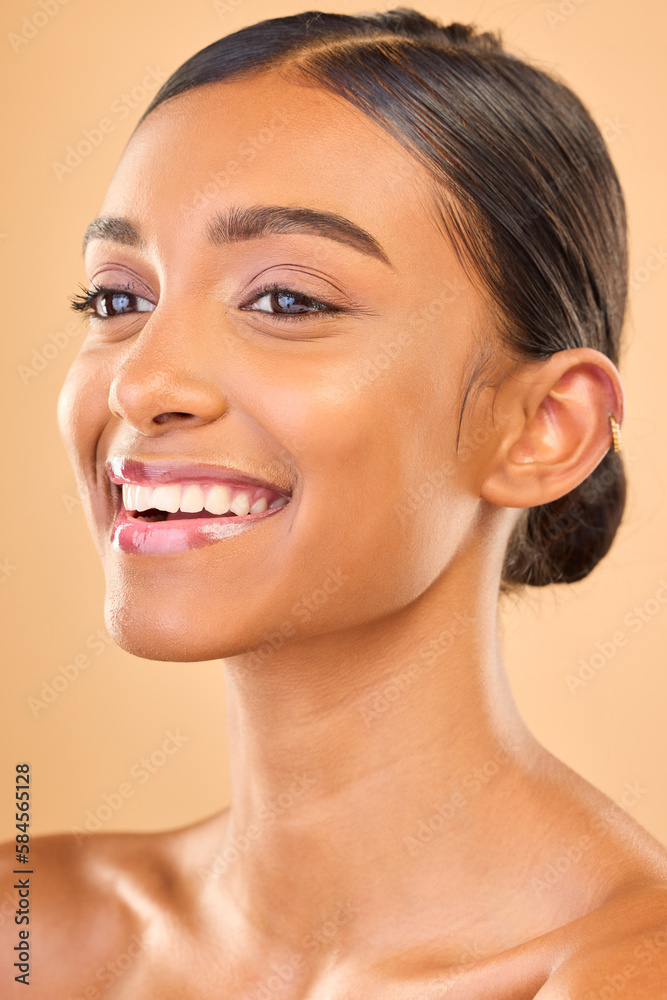 Obraz premium Skin care, face and smile of woman in studio for glow, cosmetics, dermatology or makeup. Aesthetic female .happy about self love, natural skincare and spa facial shine results on a brown background