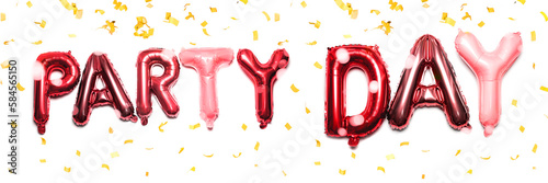 Inflatable balloons made of colored foil in the form of letters. Pink inscription party day isolated on white background. Top view, web banner