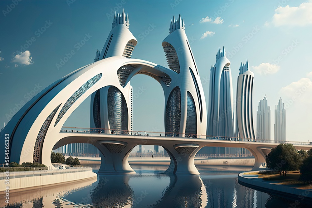 Naklejka premium Highly realistic digital realism white futuristic city. Generative AI