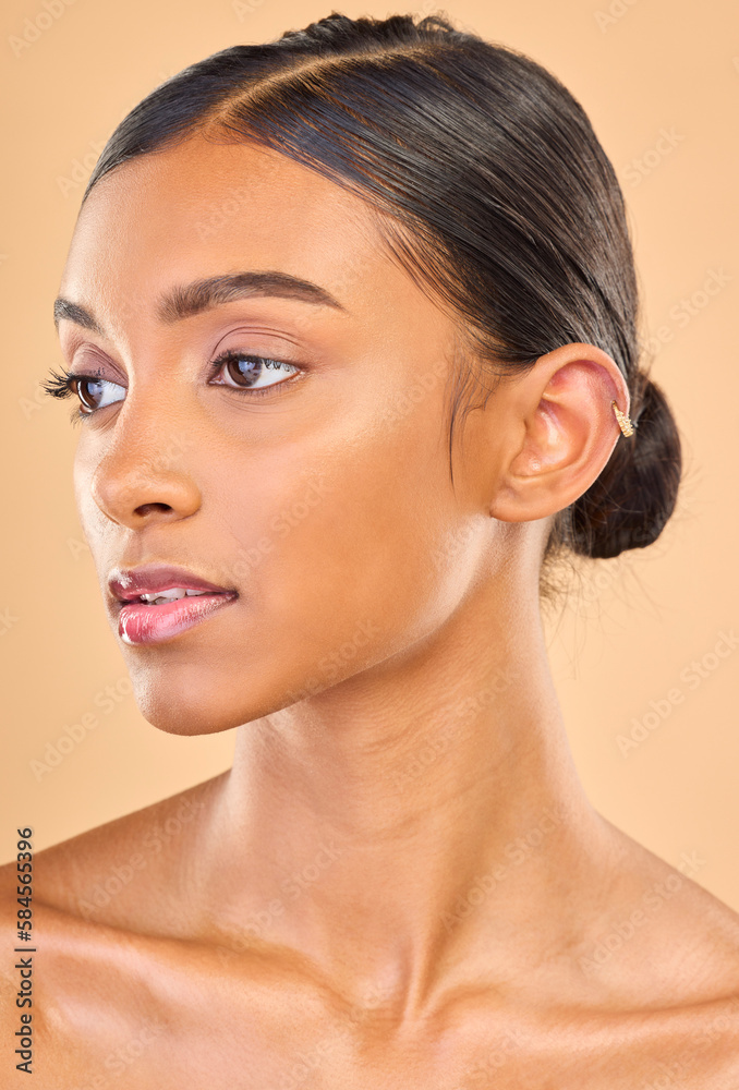 Beauty, face and skin care of woman in studio for glow, cosmetics, dermatology or makeup. Aesthetic female .profile for self love, natural facial glow and skincare shine results on a brown background