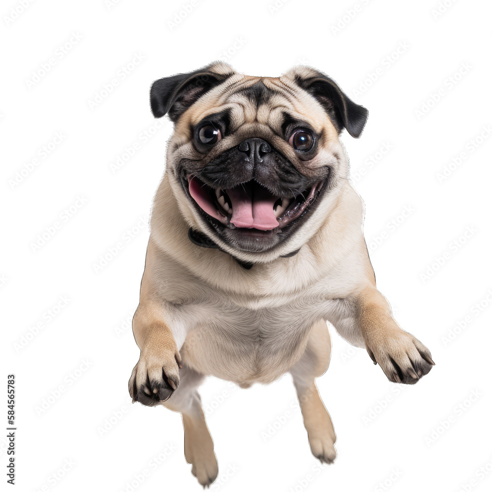 happy pug dog jumping, transparent background png