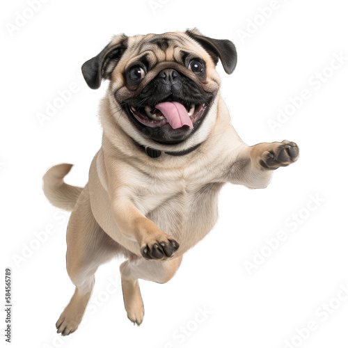 Fotografia happy pug dog jumping, transparent background png
