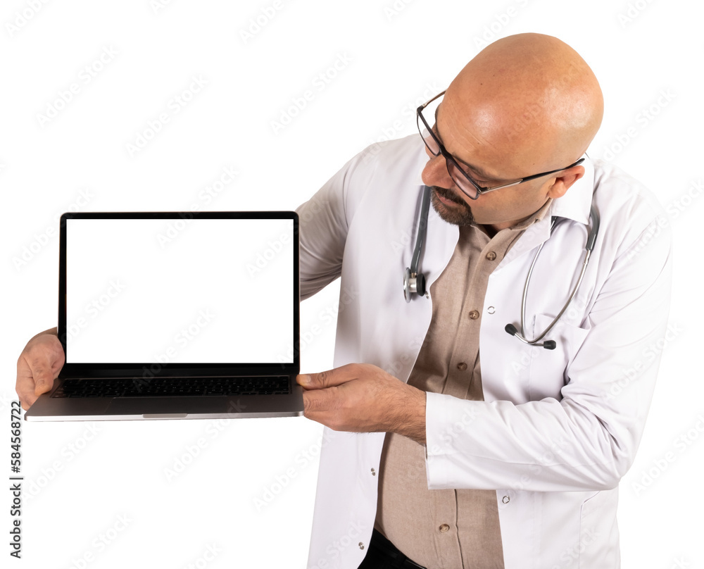 Transparent png image of bald doctor holding laptop. Isolated white background. Professional physician looking empty screen notebook screen. Mock up. Telehealth, telemedicine concept idea. Transparent png image of bald doctor holding laptop. Isolated white background. Professional physician looking empty screen notebook screen. Mock up. Telehealth, telemedicine concept idea.